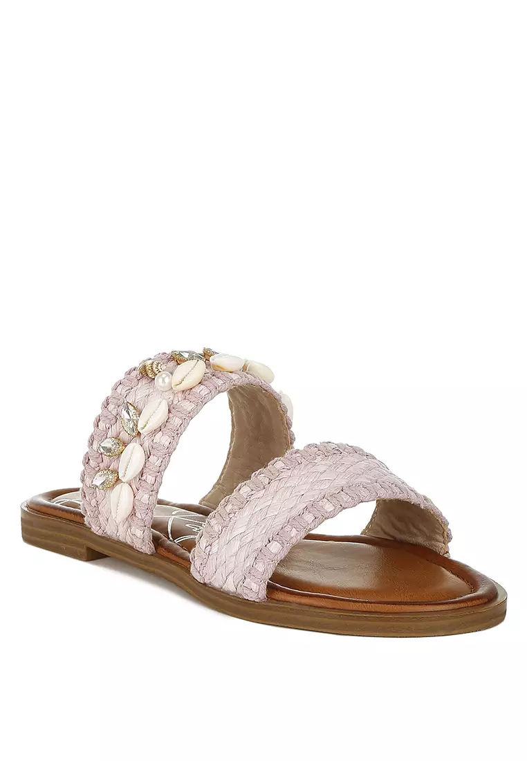 Sandal Slip-On Shell & Diamante dalam Warna Pink