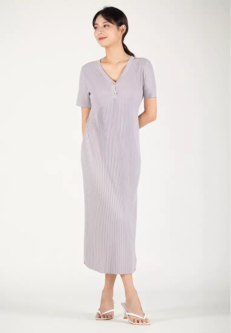 V领针织褶皱中长裙