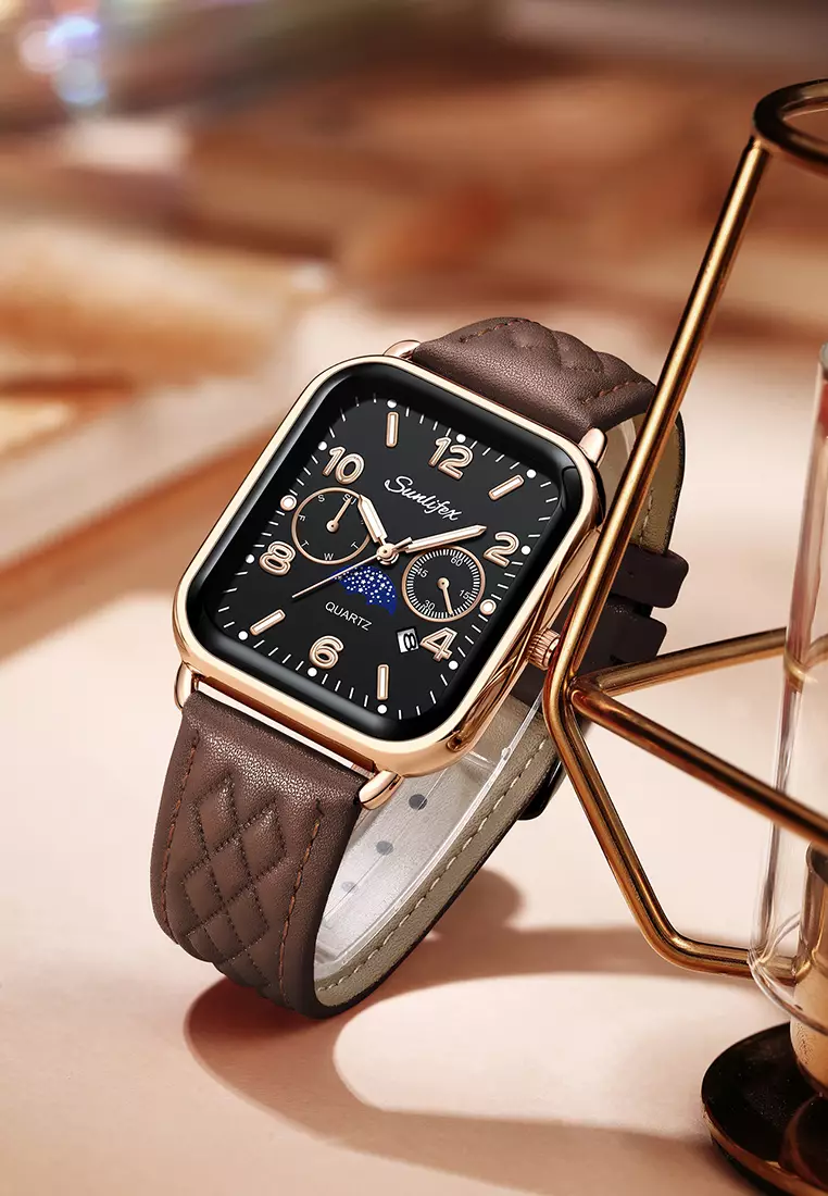 Jam Tangan Wanita Korean Kasual Mode Tali Kulit Kuarsa Jam Tangan Cewek Original coffee black