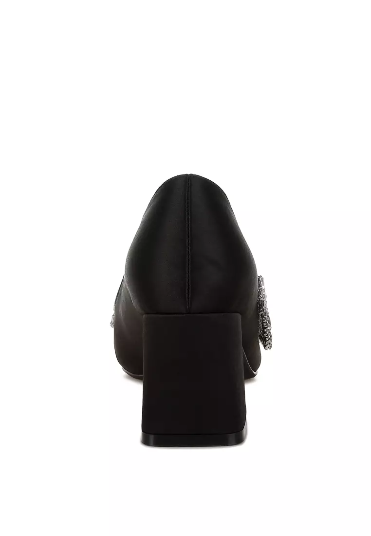 黑色緞面鑽石裝飾高跟鞋