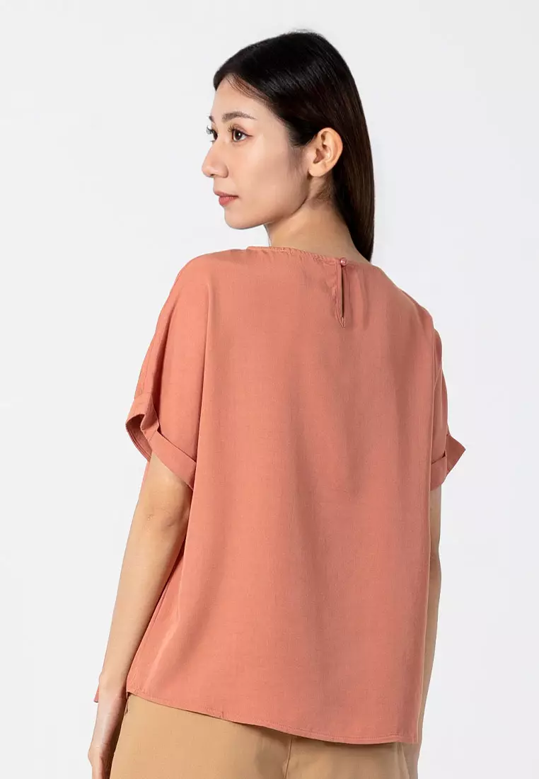 Forest Ladies Rayon Lyocell Casual Plain Blouse Women Short Sleeve Blouse - 822416-68Coral