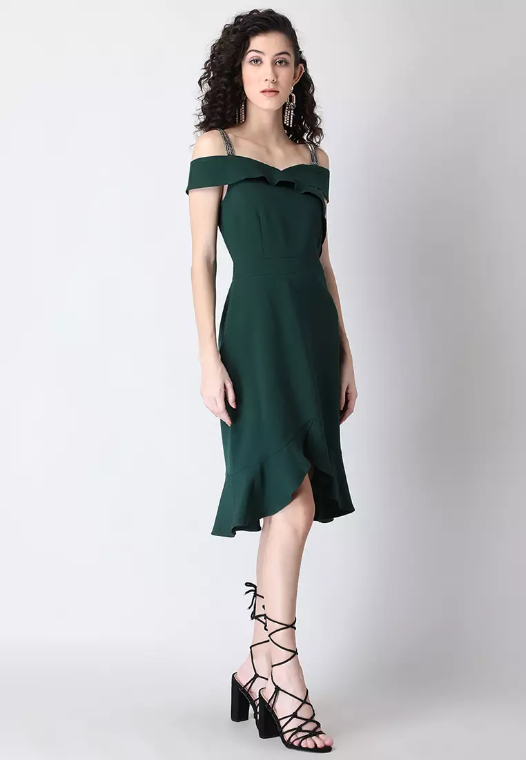 Green Ruffled Embellished Strap Bodycon Dress