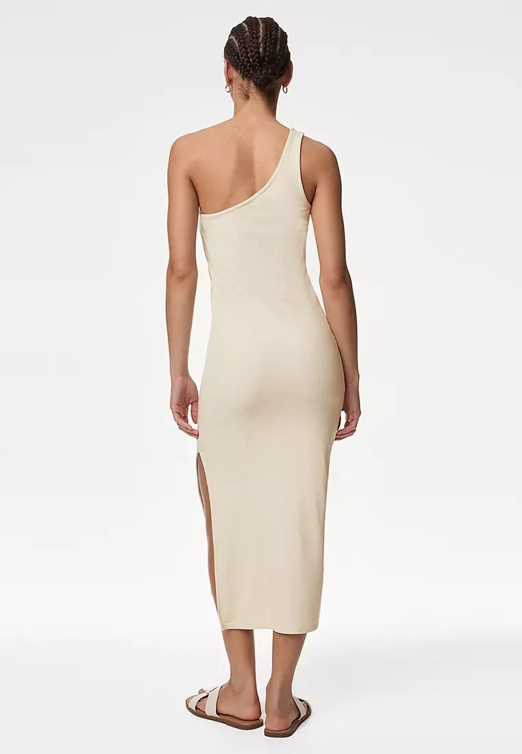 Jersey Ribbed One Shoulder Midi Beach Dress