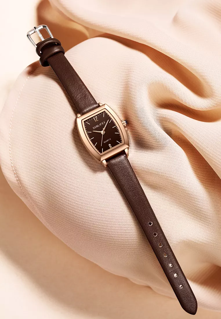 Jam Tangan Wanita 6007 Original Tali Kulit Jam Anggun Santai Korea Jam Tangan Cewek coffee