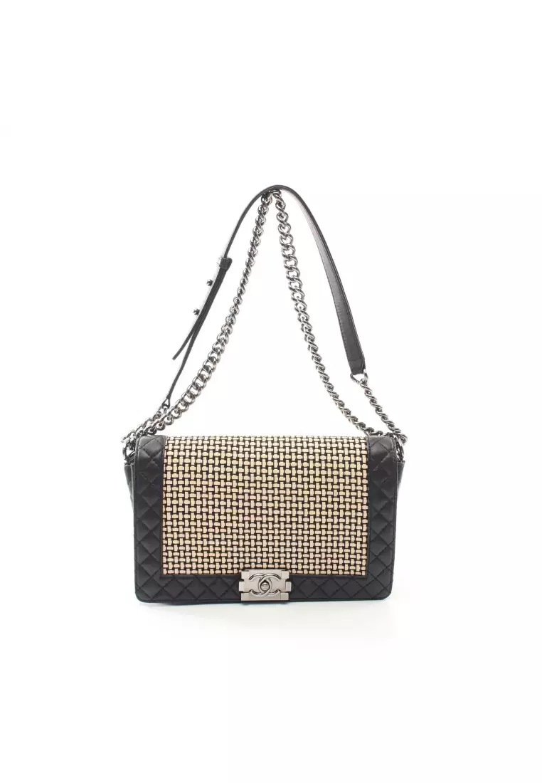 Chanel Woven Design With Charm Chain Shoulder Lambskin Black