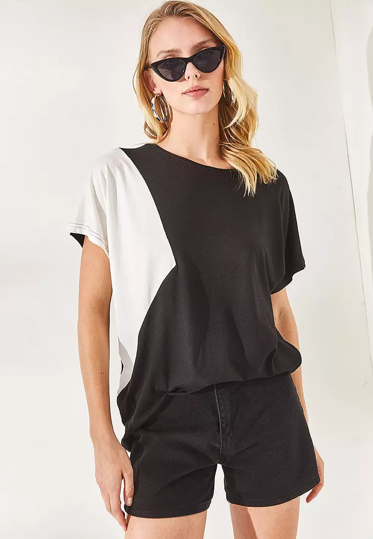 Women's Black Color Block Bat Knitted Viscose Blouse BLZ-19002283