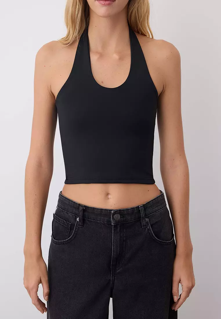 Black-White Halter Neck Fitted Crop Flexible Knit Blouse Twoaw26Bz00251