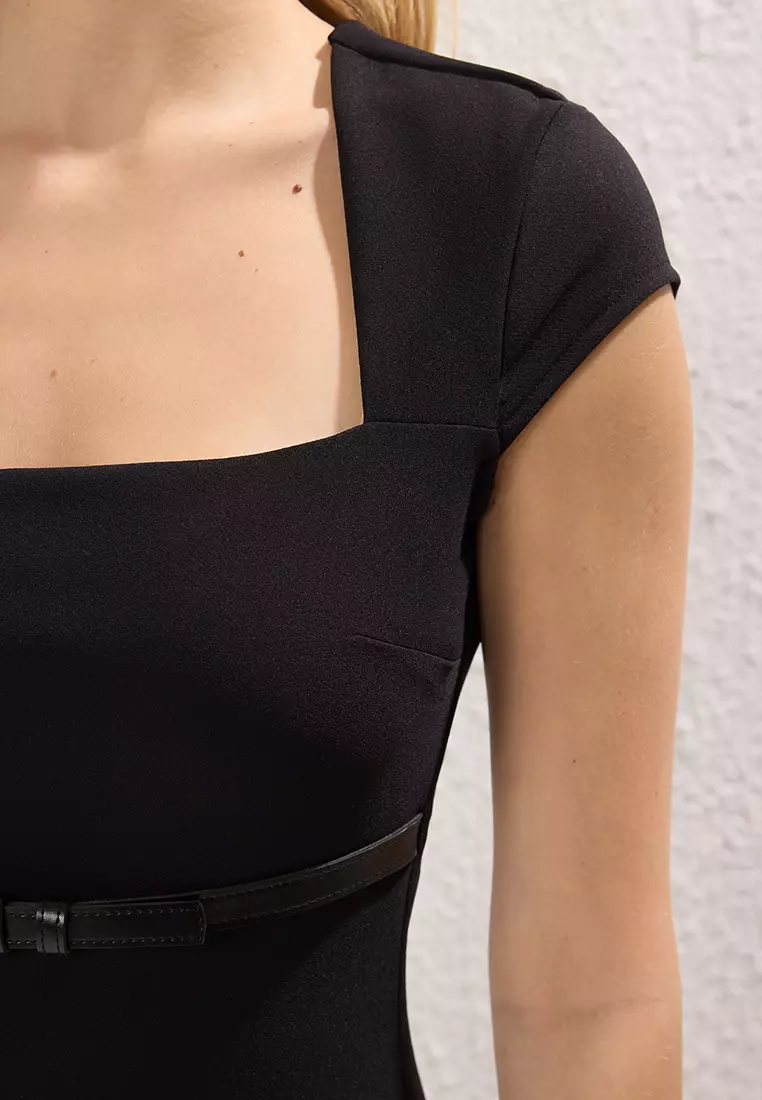 Belted Plain Bodycon Midi Woven Dress