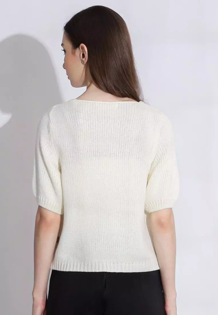 Nalla Knit Blouse Ribbon in White