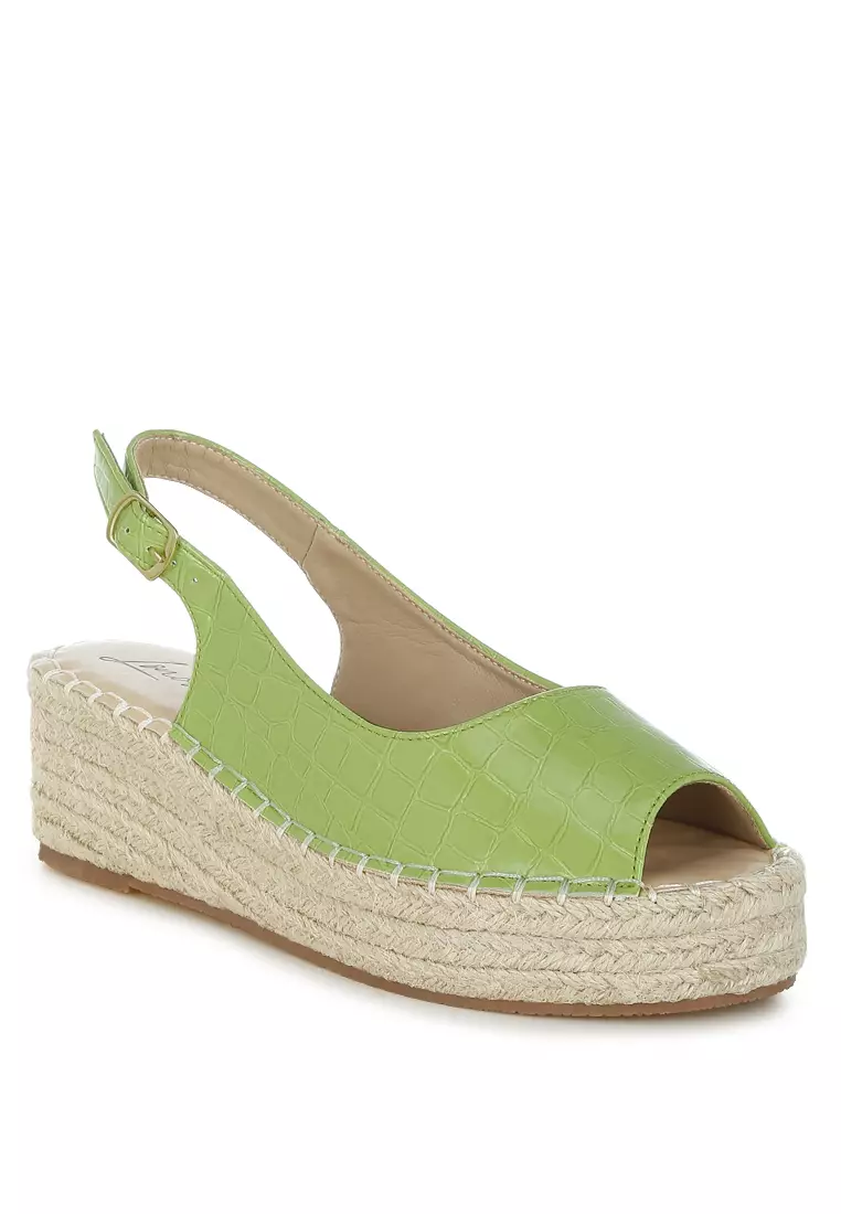 Croco Peep Toe Wedges In Green