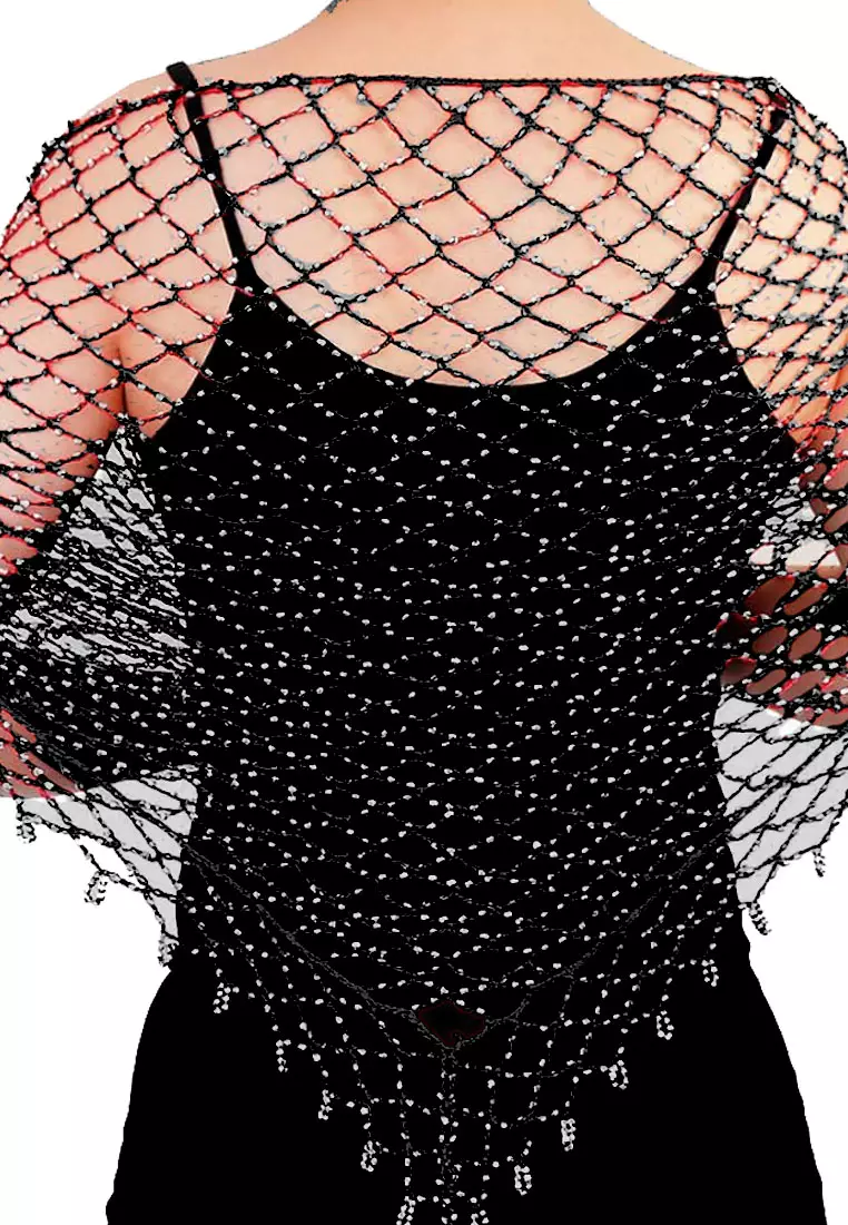 Aksesoris Wanita Beaded Triangle Scarf Segitiga Syal Wanita Black & Silver