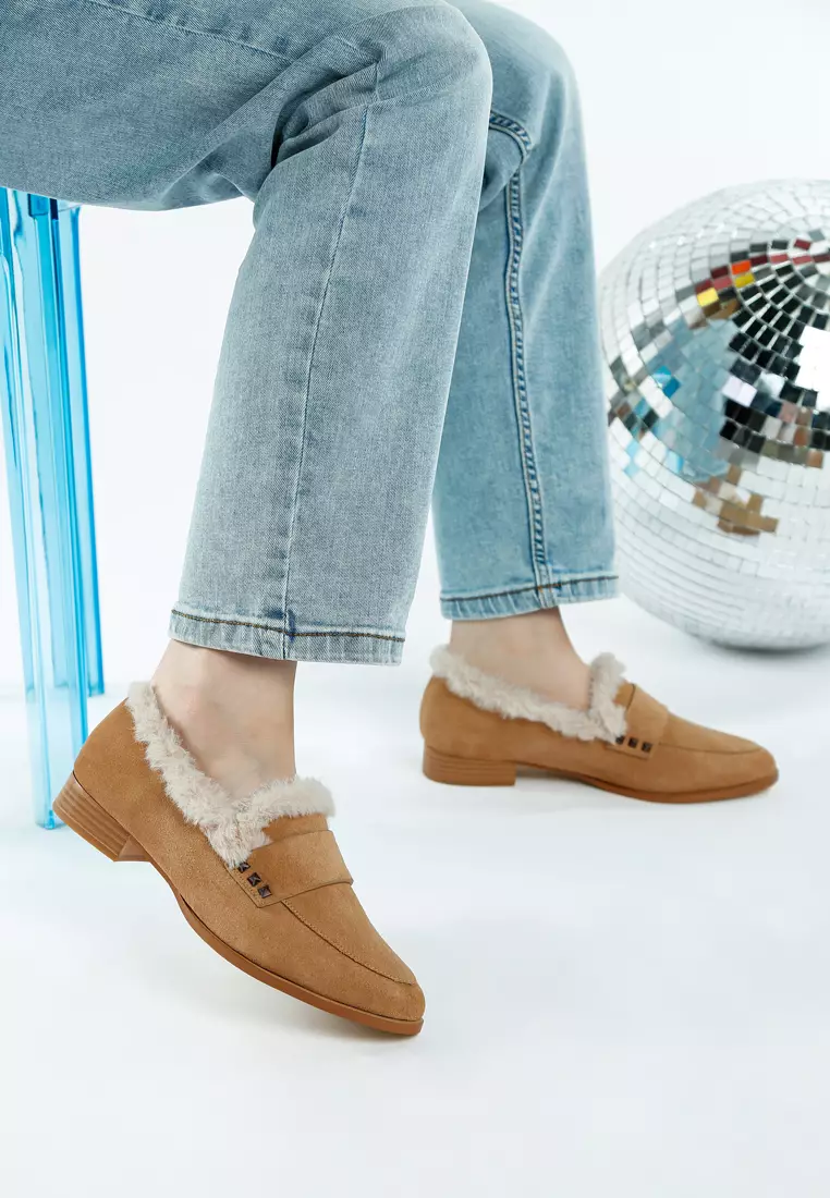 Fur Trim Suede Loafers in Beige