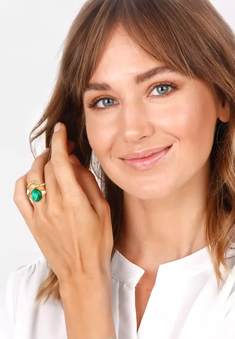 Cincin Perhiasan Perak 925 Wanita Set Signet Malachite Snake Trend Blogger Gold Plated