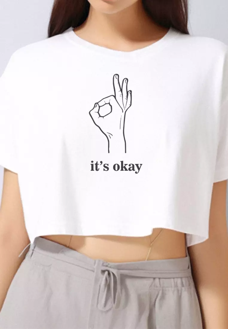 LTF54 crop top oversize tee "it's okay" putih