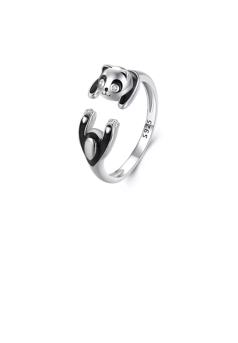 925 Sterling Silver Fashion Cute Enamel Panda Adjustable Opening Ring with Cubic Zirconia