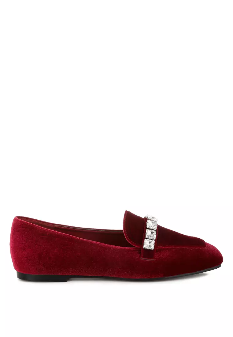 Discount on Rag & CO.  shoes - SKU: Velvet Diamante Strap Loafers in Dark Red