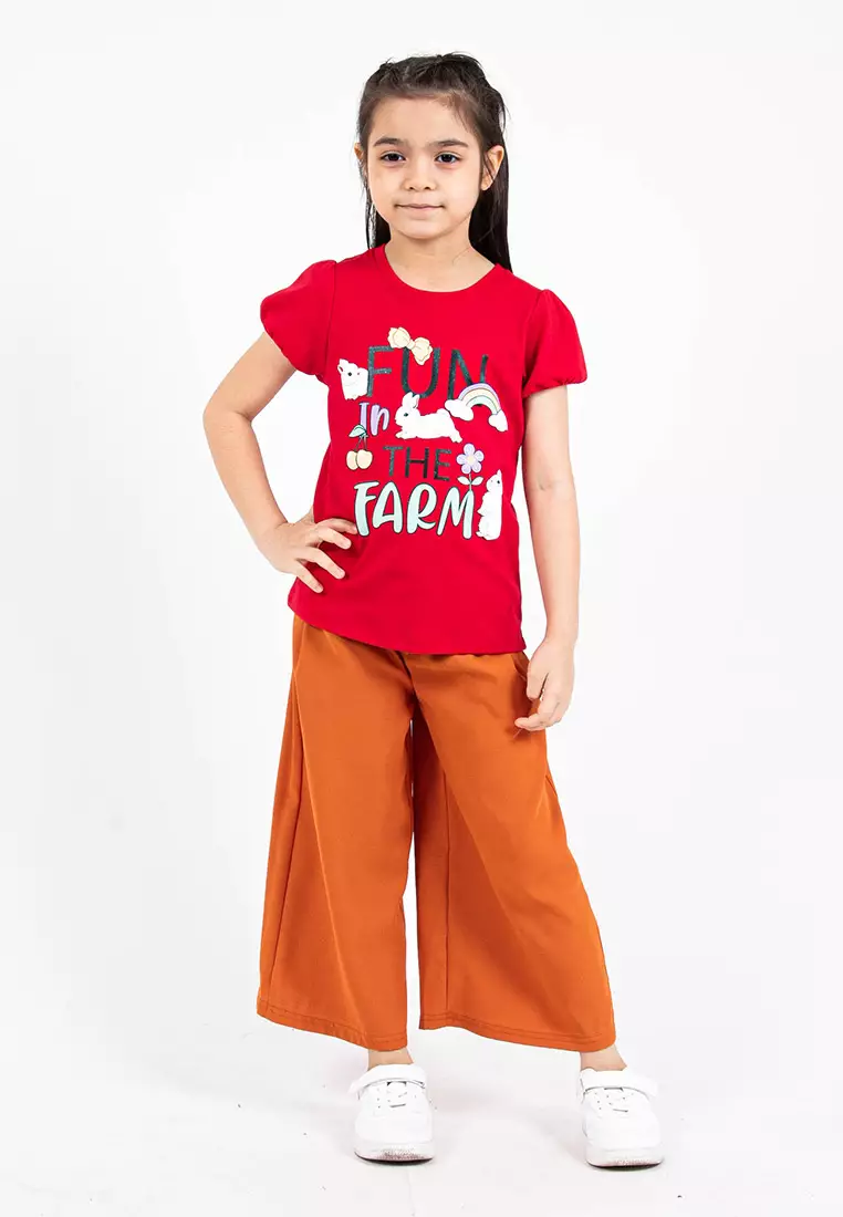 Forest Kids Girls Cotton Interlock Short Sleeve Graphic Round Neck T-Shirt | Baju Budak Perempuan - FK820059-51Red