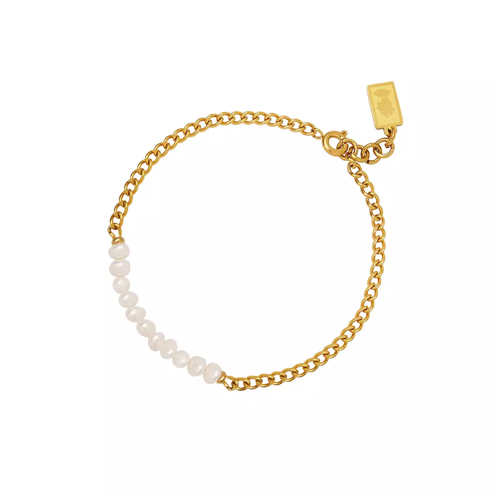 Glamorousky Fashion Elegant Plated Gold 316L Stainless Steel Irregular Imitation Pearl Beaded Chain Bracelet