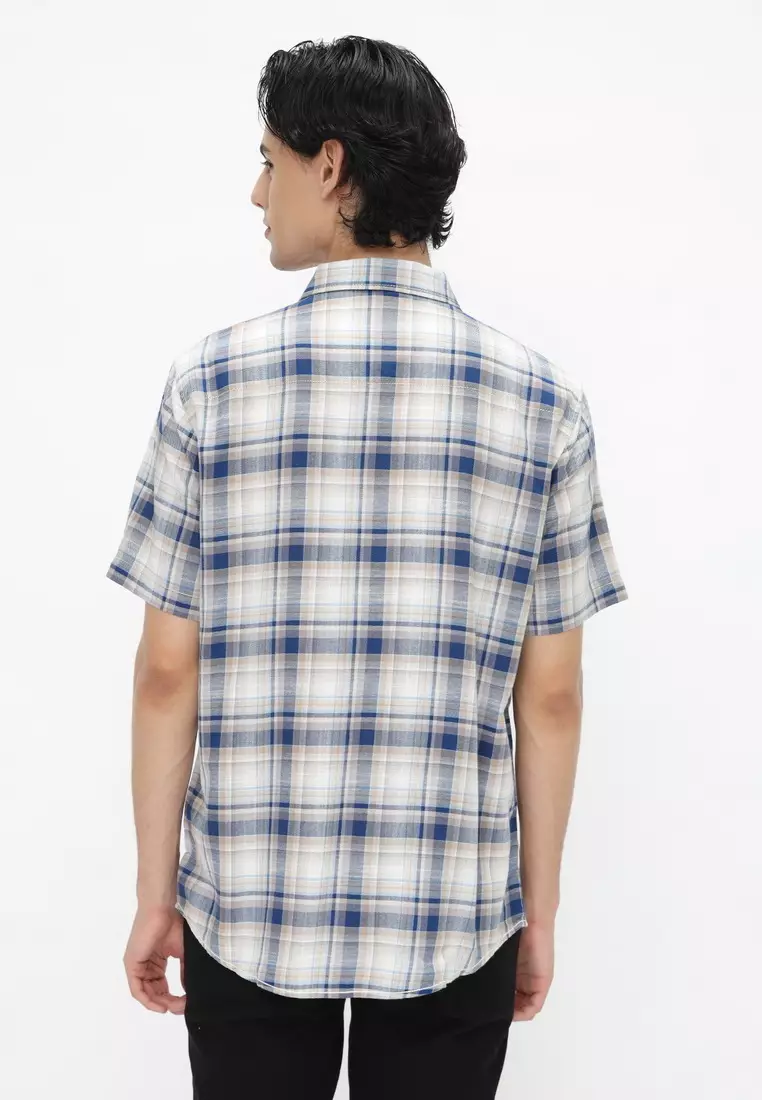 POLICE Kemeja Kotak Cotton Twill Slub Cream Biru Regular Fit Pria