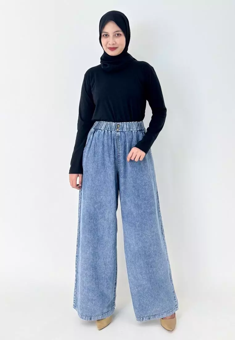 Palazzo Denim Welly (Celana Panjang Bawah Lebar) Panjang 104 cm SNOW BLUE