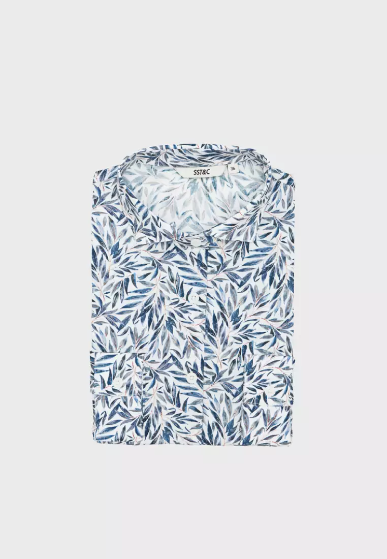 藍葉繚繞一字領修身版長袖襯衫