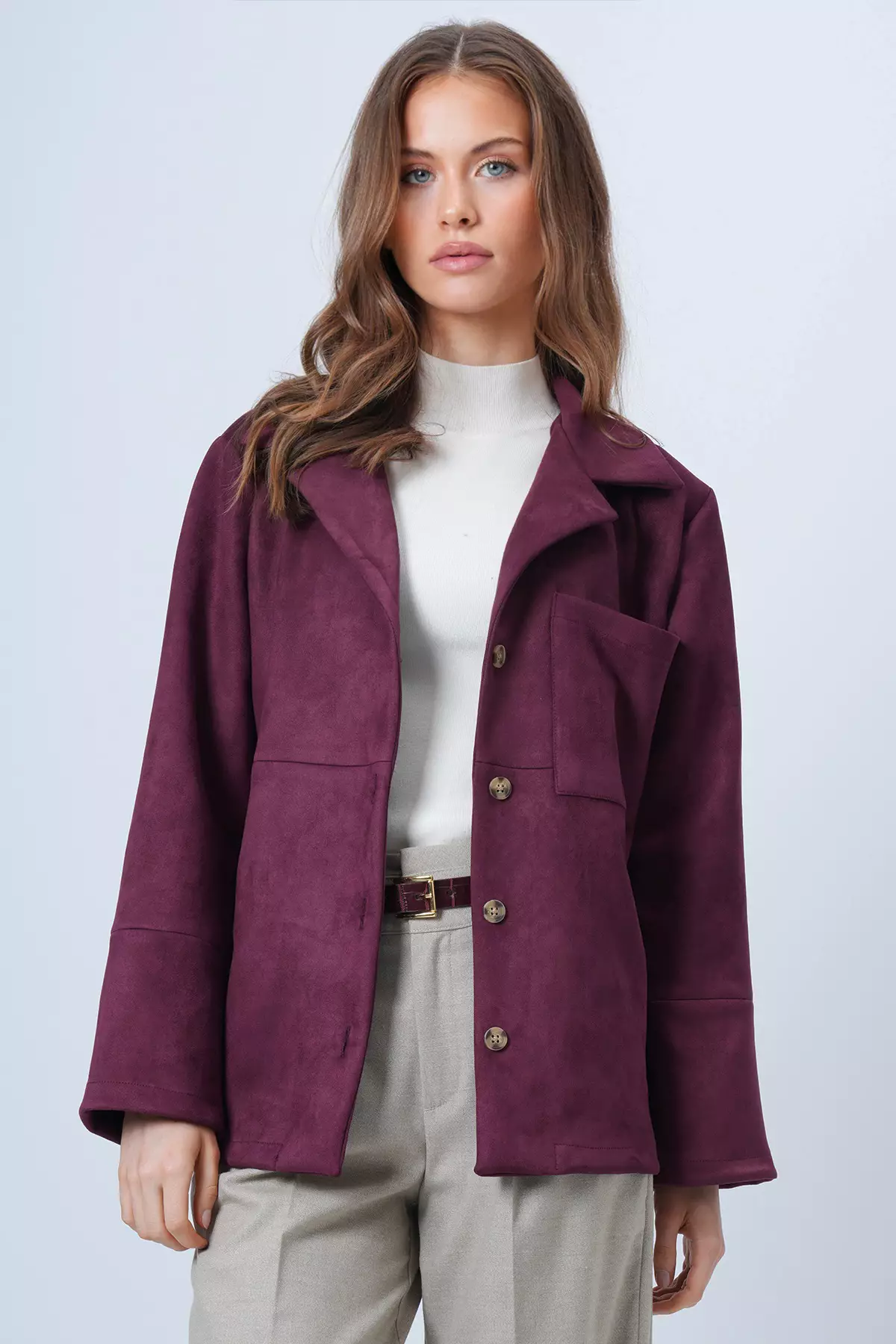 Mürdüm Single Pocket Faux Suede Jacket With Stitching Detail Alc-X14404
