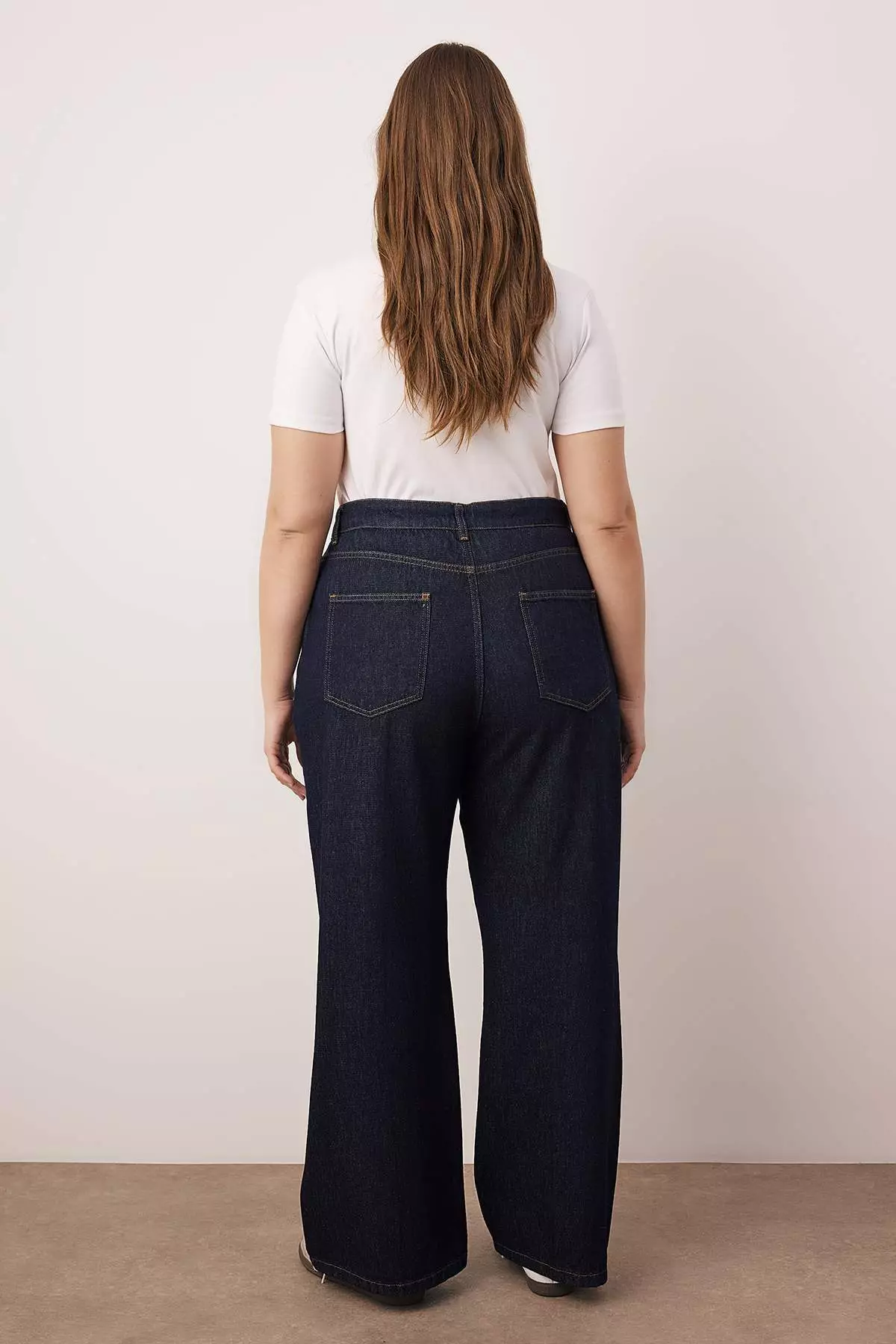 Dark Blue Stitching Detail High Waist Plus Size Wide Leg Jeans Tbbaw26Cj00054