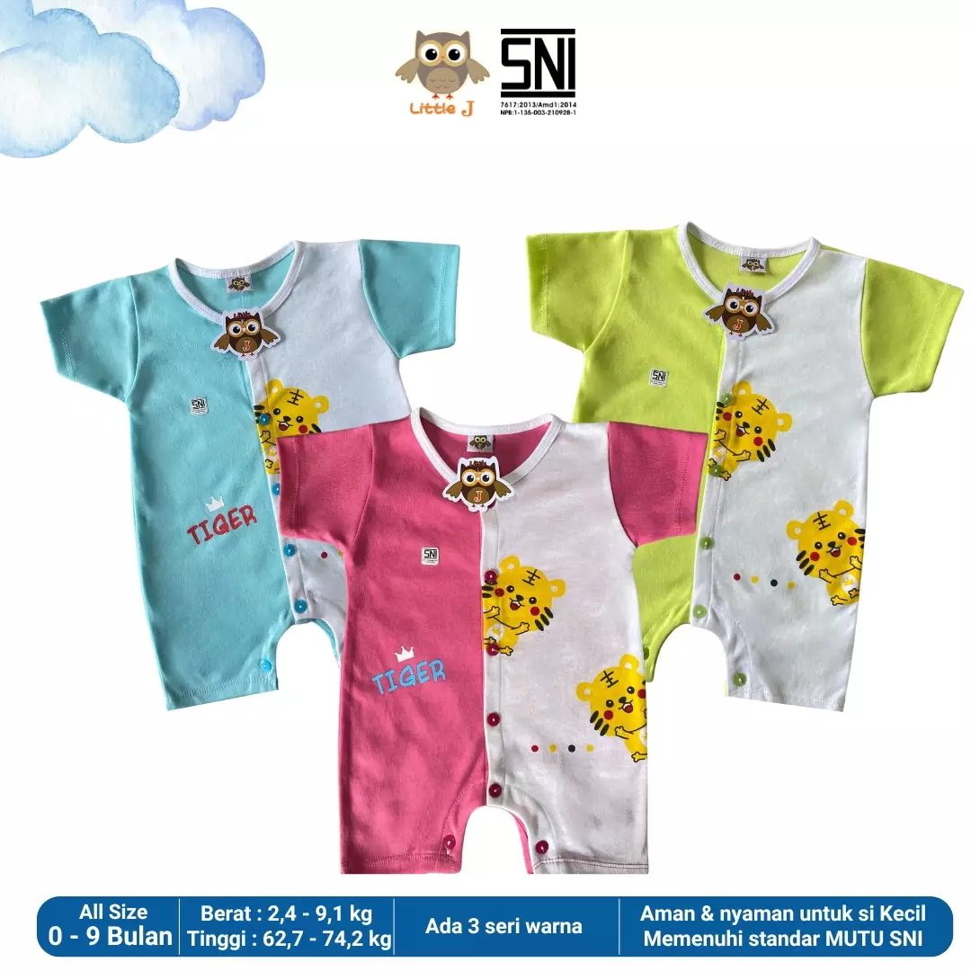 Little J Jumsuit Bayi Jumper Pendek Anak Unisex Romper Baju Motif Lucu Harimau Hijau SNI Lokal