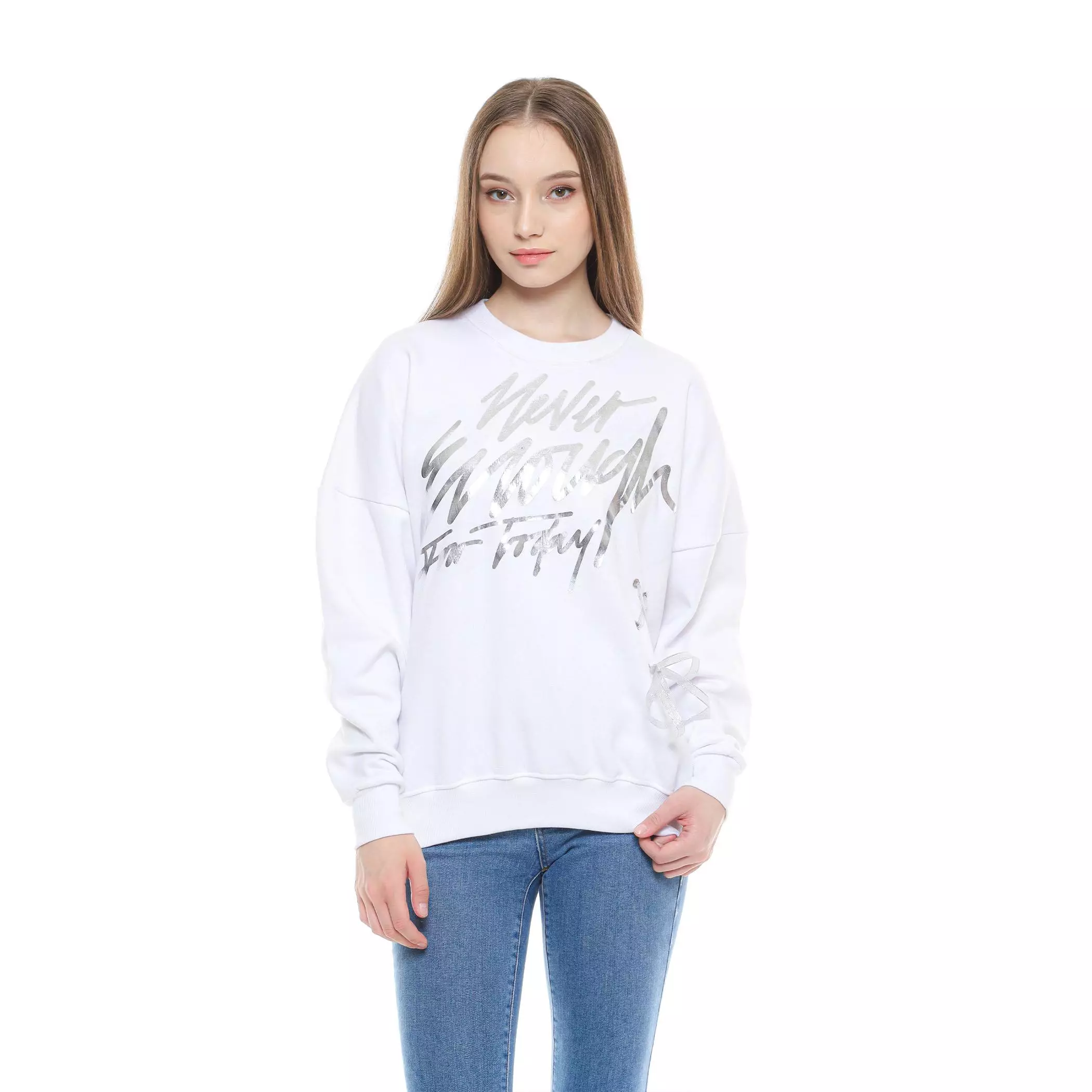 EnoughFor Today Sweater Crewneck Oversize Wanita Pita Samping Putih Silver Ribbon Sweater Fleece Katun Pria Wanita