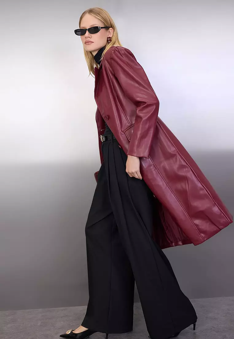 Burgundy Faux Leather Mono Closure Regular Long Coat