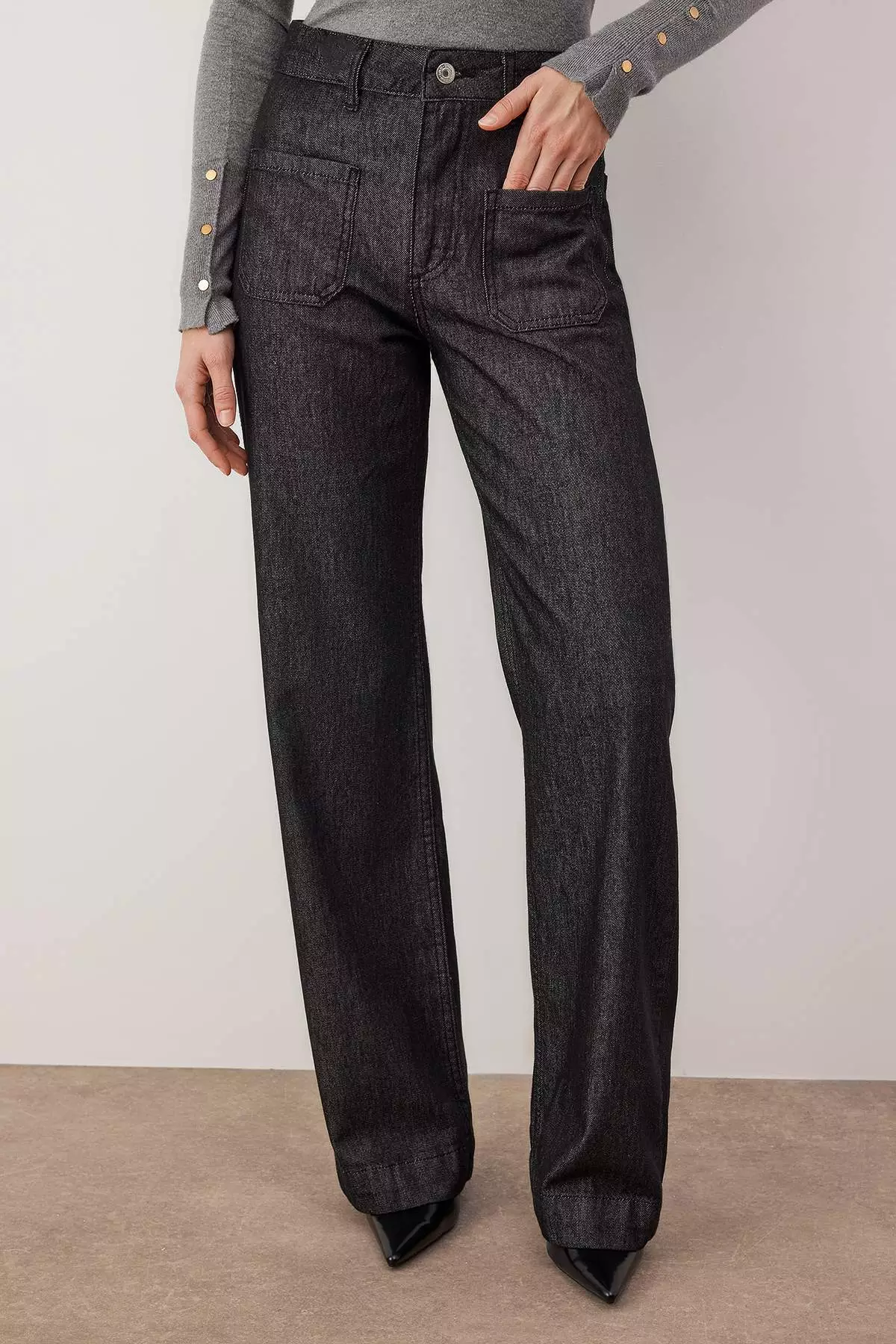 Black High Waist Pocket Detailed Raw Wide Leg Jeans Twoaw26Je231