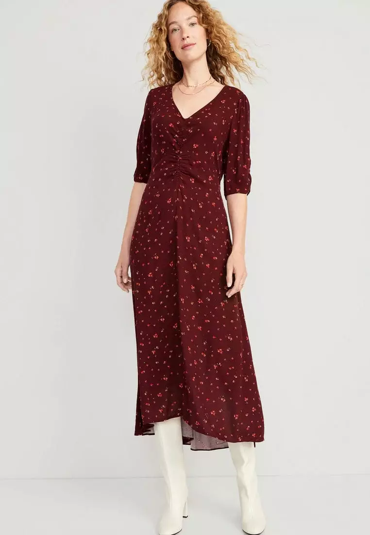 Buy Old Navy Puff Sleeve V Neck Crepe Midi Dress For Women 2024