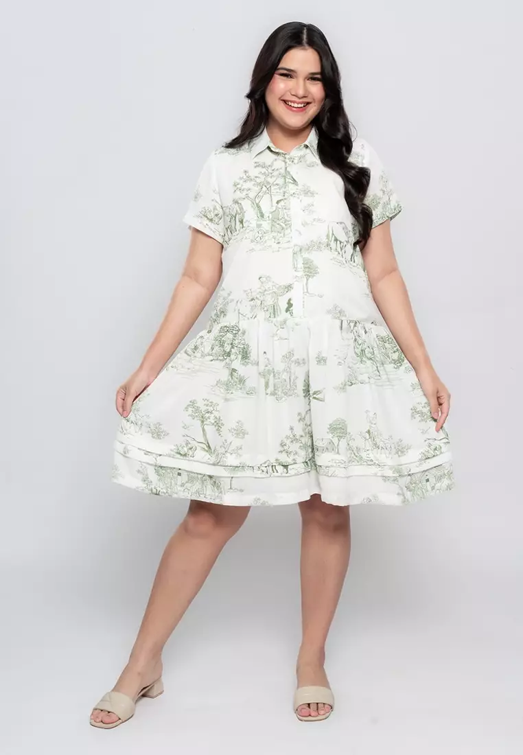 Milly Plus Size Magnolia Flounce Hem Shirt Dress in Graphic Nature Print