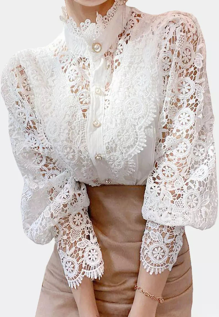 White lace blouse high neck hotsell