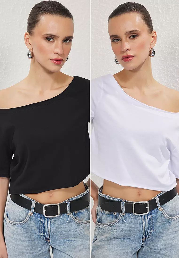 Black-White 2-Pack 100% Cotton Asymmetrical Boat Neck Crop Knit T-Shirt TWOSS25TS00194