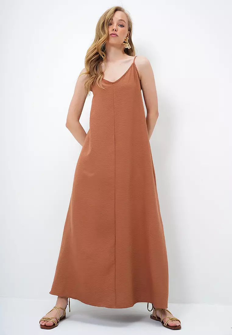 Women's Brown Adjustable Strap V-Neck Aerobin Summer Dress Alc-X14067