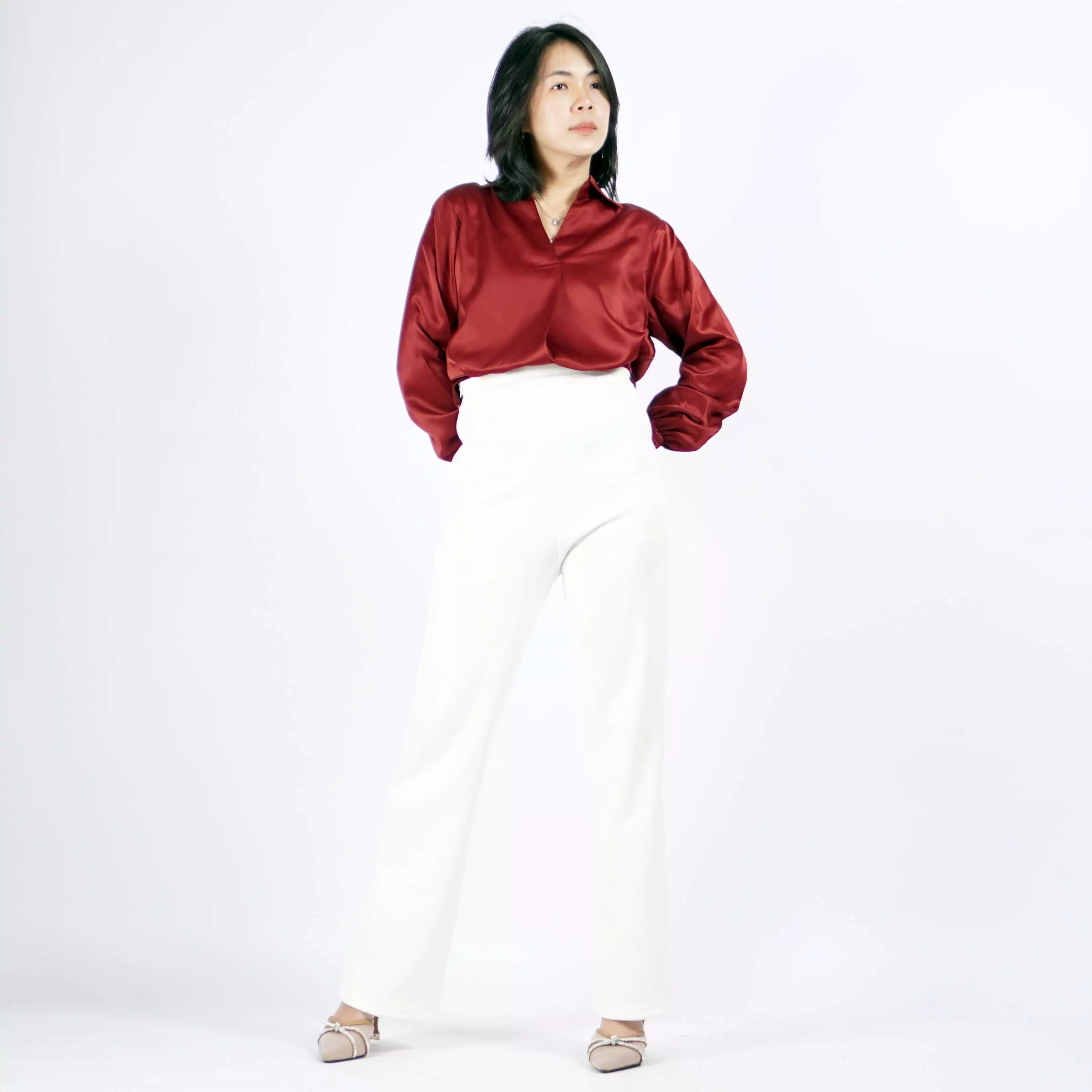  SAFIRE Top Satin Blouse Satin Gaya Korea Blus Elegan Krah V - Marun