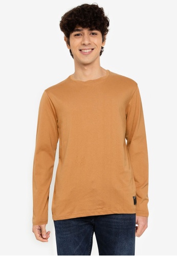 UniqTee brown Crew Neck Long Sleeve T-Shirt With Side Label 92E31AA283767BGS_1