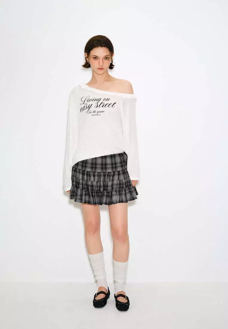 Drawstring Tie Side Plaid Layered Ruffle Cotton Mini Skirt