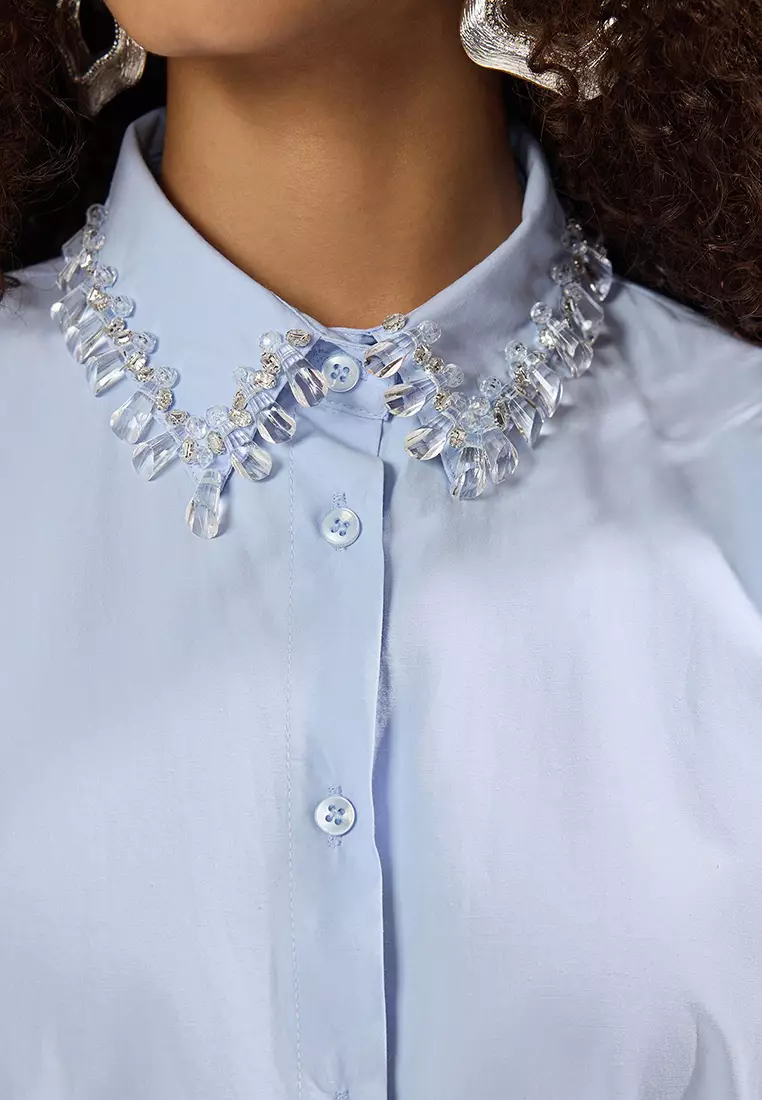 Light Blue Stone Accessory Detail Woven Shirt Dress TCTSS25EB00118
