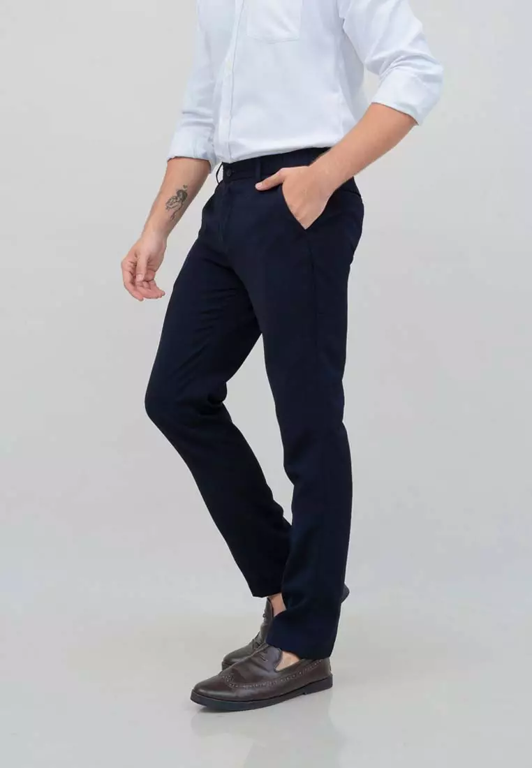 Celana panjang pria kerja formal bahan slim fit PINGGANG KARET Navy houseofcuff