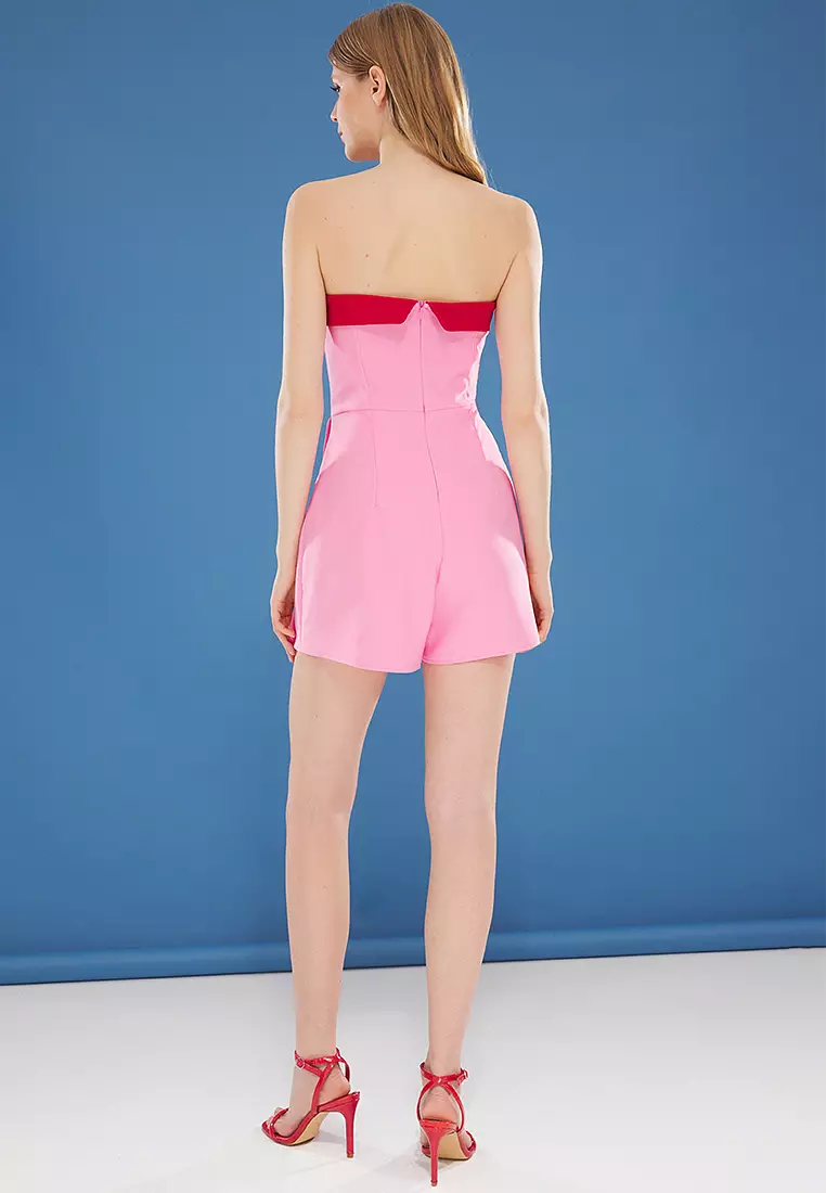 Pink Strapless Color Block Mini Woven Shorts Jumpsuit