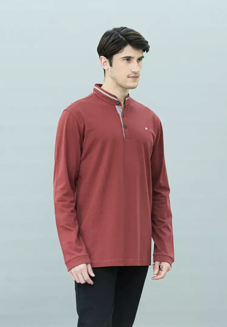 Johnwin - Kaos Henley - Kaos Lengan Panjang - Merah - Kerah Shanghai - APS.630.M457E.35.C-L/S