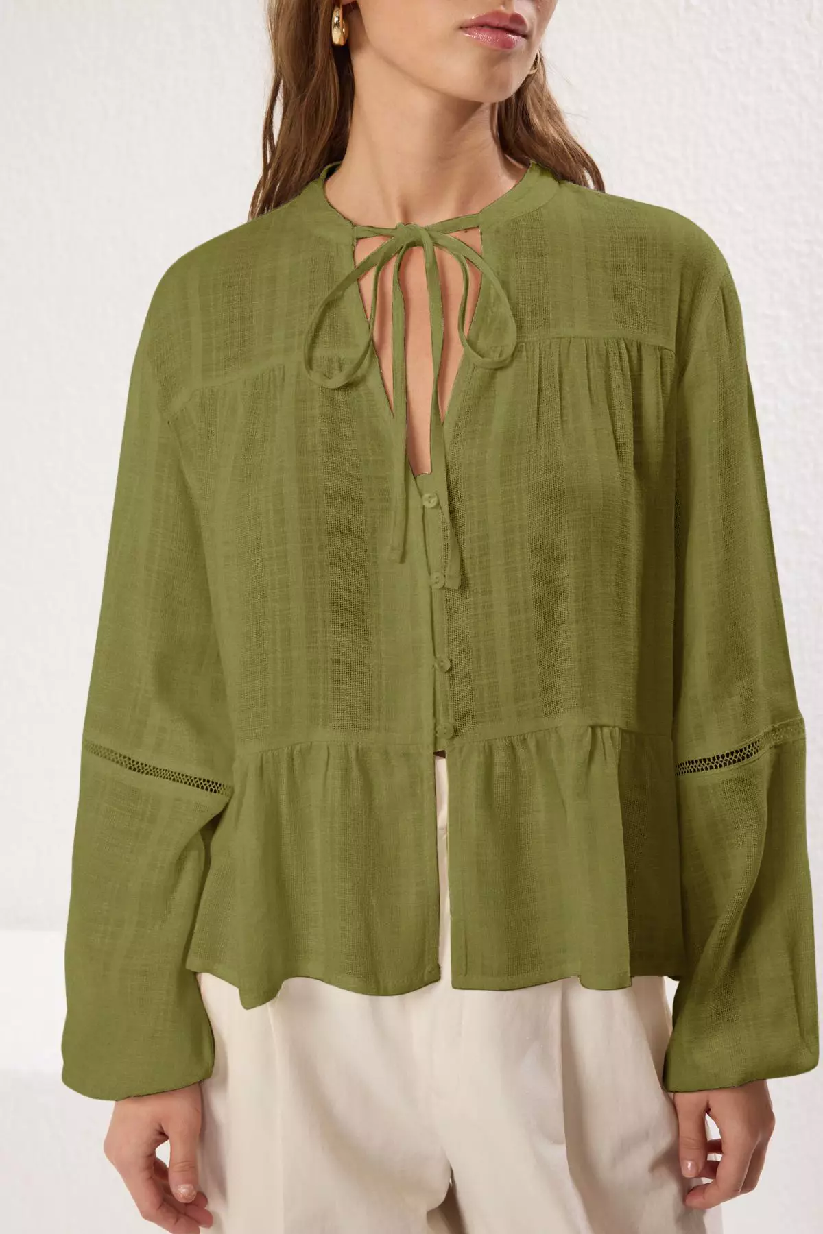 Khaki Cotton Textured Lacy On The Sleeve Regular Normal Fit Shirt