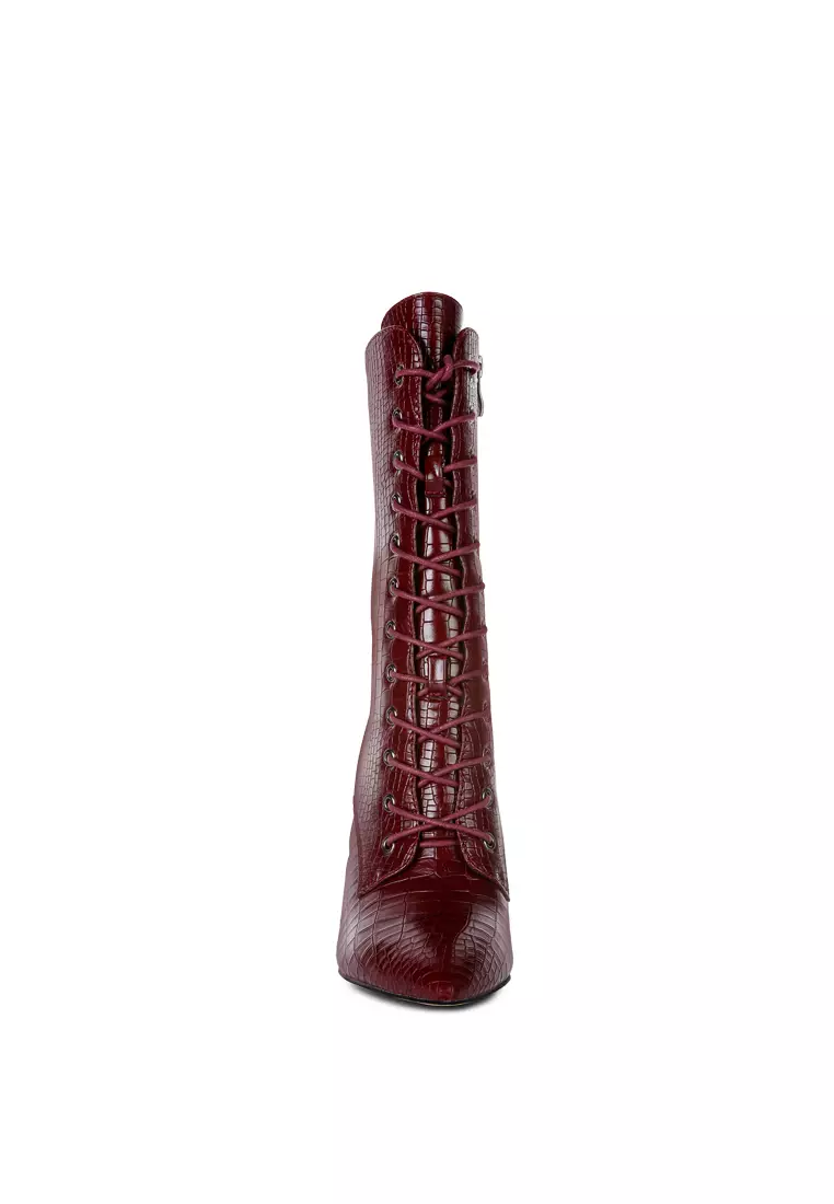 Croc Textured Over The Ankle Boots in Burgundy