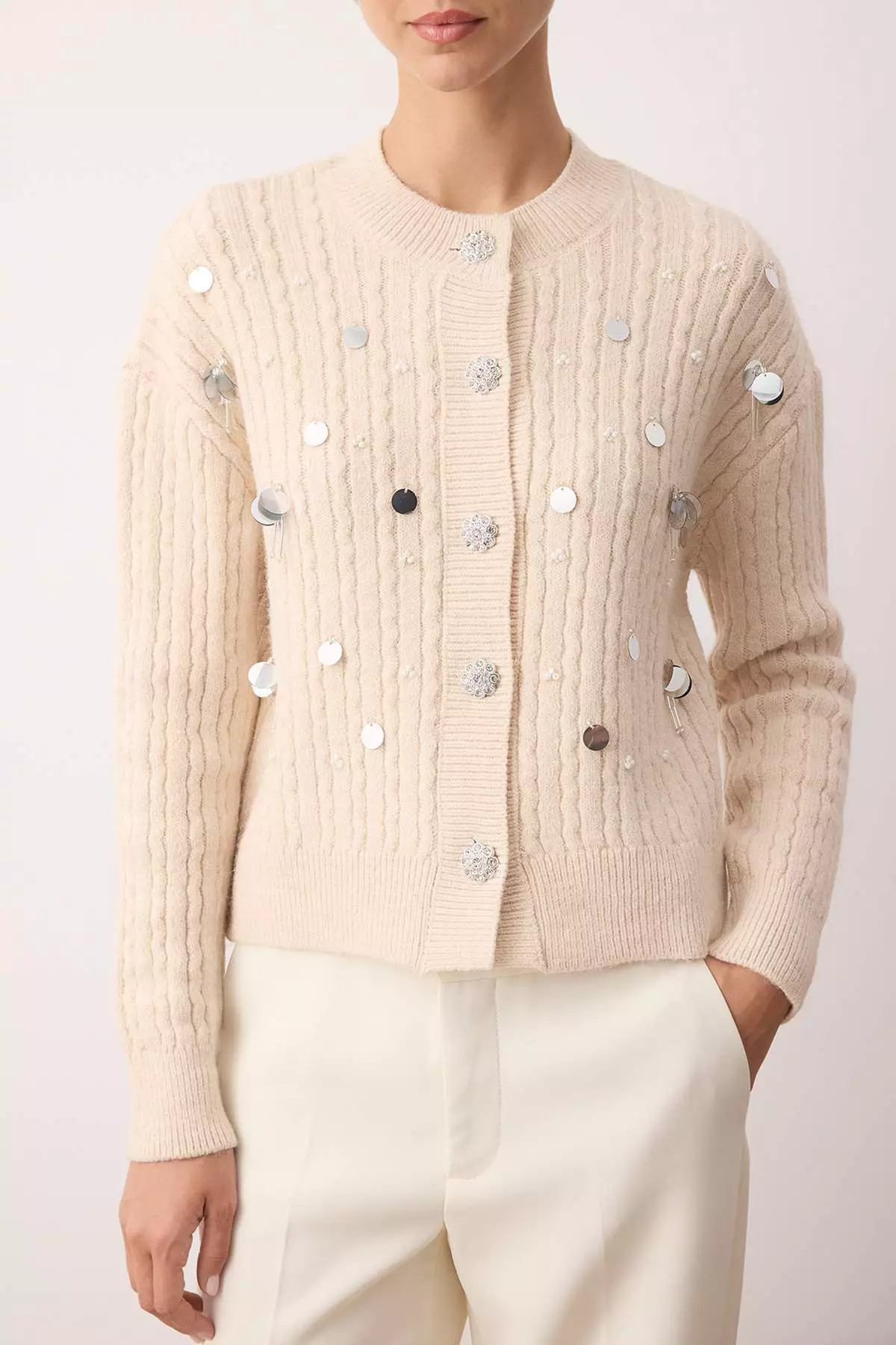 Stone Sequined Mother Of Pearl Button Soft Textured Knitwear Cardigan