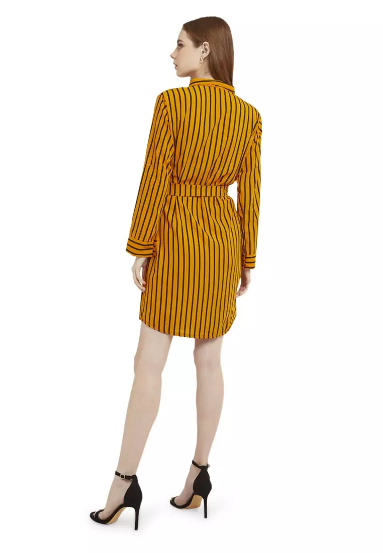 Mini Dress Salur Lengan Panjang Self Tie Belt Wanita - Mustard