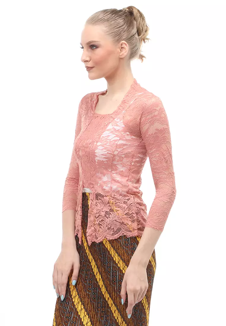 Hara Kebaya Seri 2 Motif Brokat Long Sleeves Atasan Wanita Transparan Premium Quality - Pink Salem
