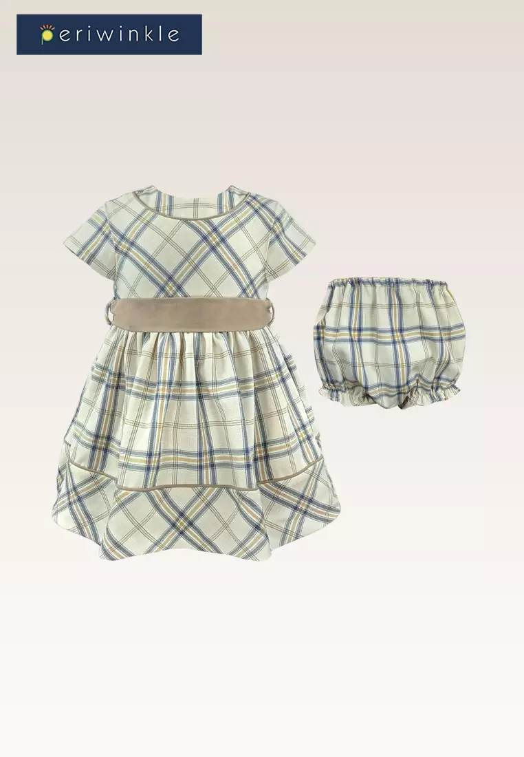 Molly Baby Girls Beige Belted Checkered Dress with Diaper Cover