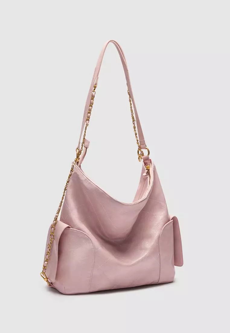 Pale Quilted Hobo Bag With Chain Strap